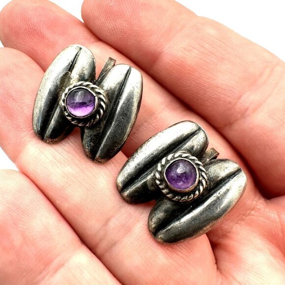 Mexico Womens Earrings Sterling Silver Amethyst Coffee Bean Design Screw Back - Picture 1 of 6